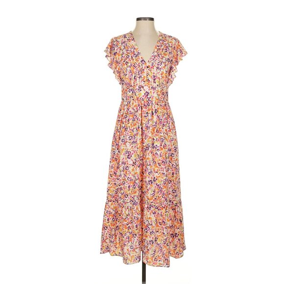 julia jordan Dresses & Skirts - Julia Jordan Pintuck Peach floral Flutter Sleeve Midi Dress - Size 4- Like New